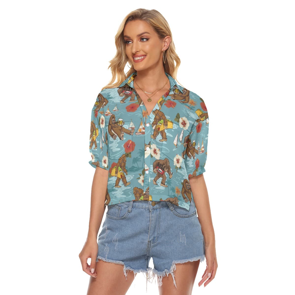 Funny Bigfoot Beer Hibiscus Tropical Aloha Crop Top Shirt