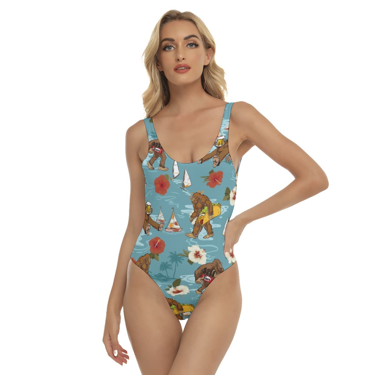 Funny Bigfoot Drinking Beer Hawaiian Swimsuit