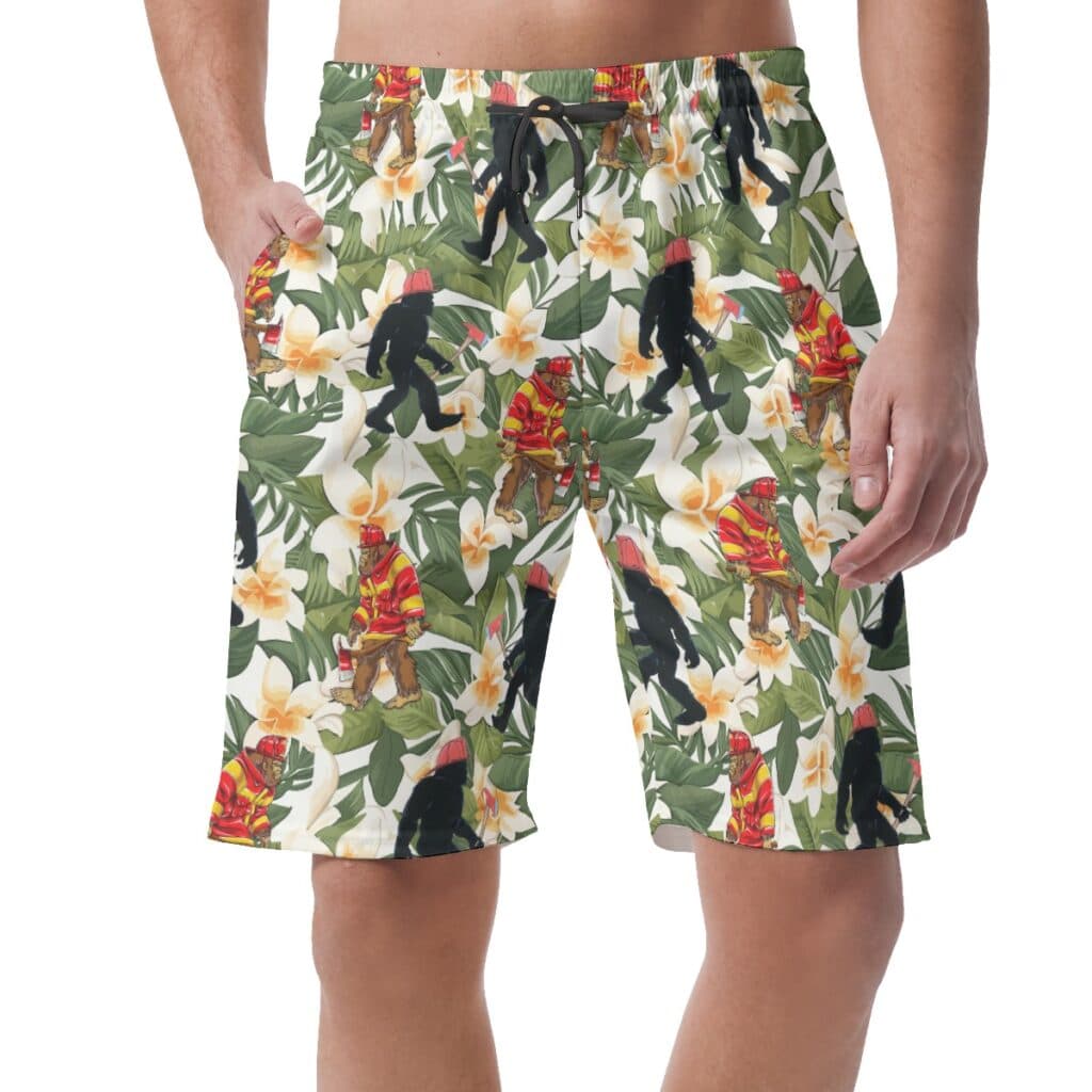 Funny Bigfoot Firefighter Floral Hawaiian Beach Shorts For Men