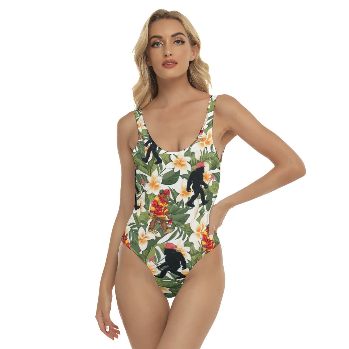 Funny Bigfoot Firefighter Floral Hawaiian Swimsuit For Women (1)