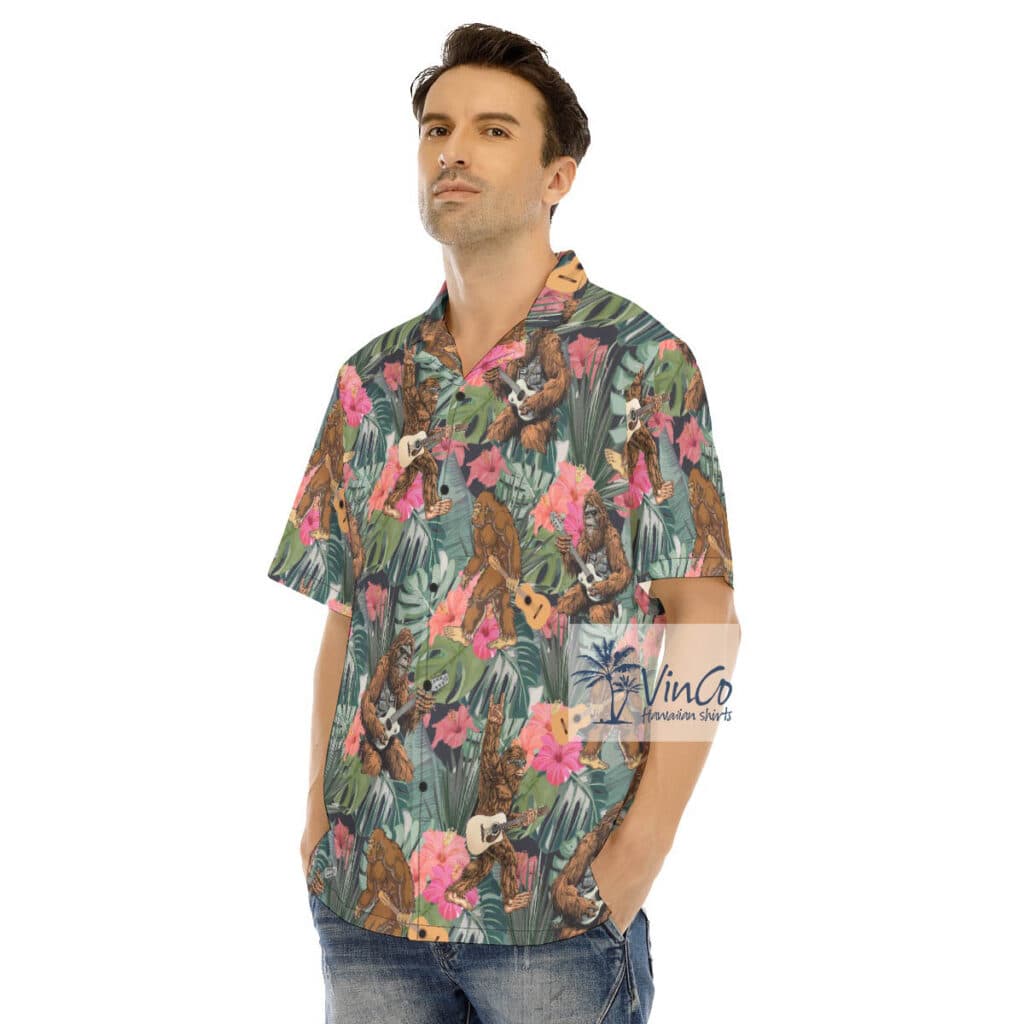 Funny Bigfoot Guitar Tropical Hibiscus Hawaiian Shirt