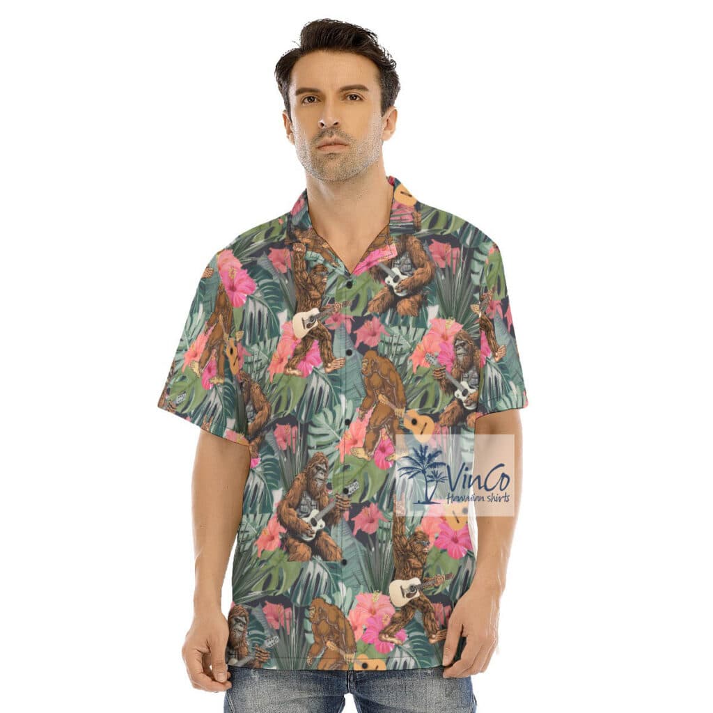 Funny Bigfoot Guitar Tropical Hibiscus Hawaiian Shirt