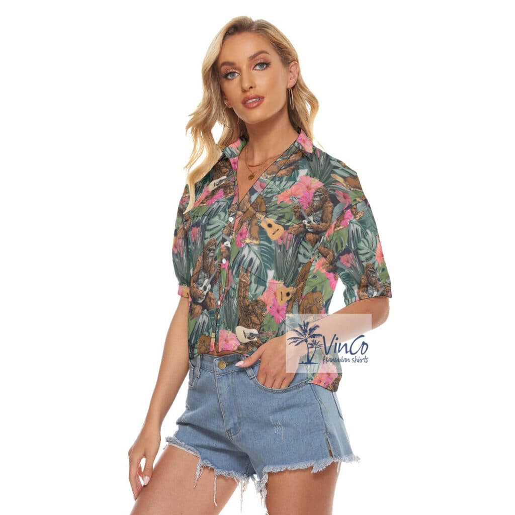 Funny Bigfoot Guitar Tropical Hibiscus Women's Hawaiian Cropped Shirt
