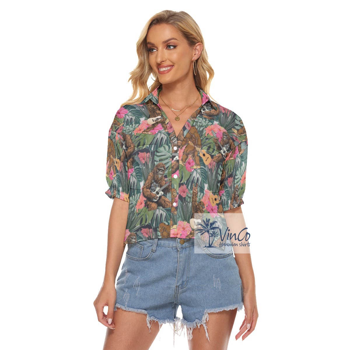 Funny Bigfoot Guitar Tropical Hibiscus Women’s Hawaiian Cropped Shirt (4)