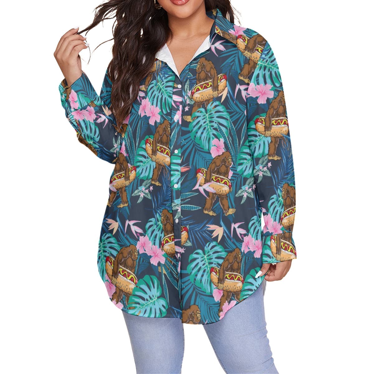 Funny Bigfoot Hot Dog Tropical Hibiscus Hawaiian Plus Size Shirt For Women