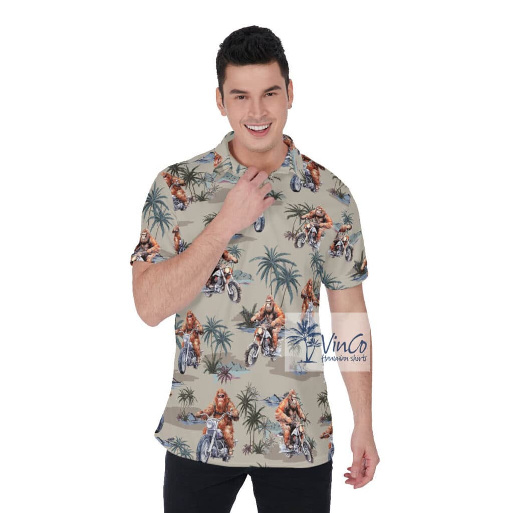 Funny Bigfoot Motorcycle Hawaiian Polo Shirt