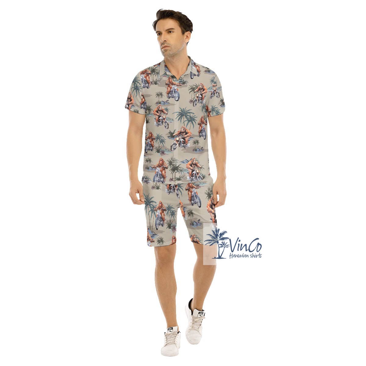 Funny Bigfoot Motorcycle Hawaiian Shirt And Matching Shorts For Men