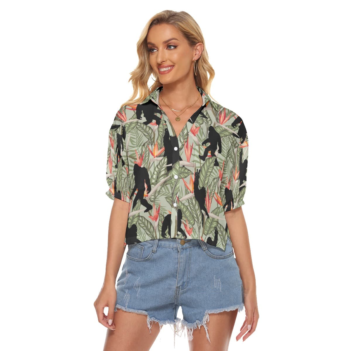Funny Bigfoot Tropical Hawaiian Cropped Shirt For Women