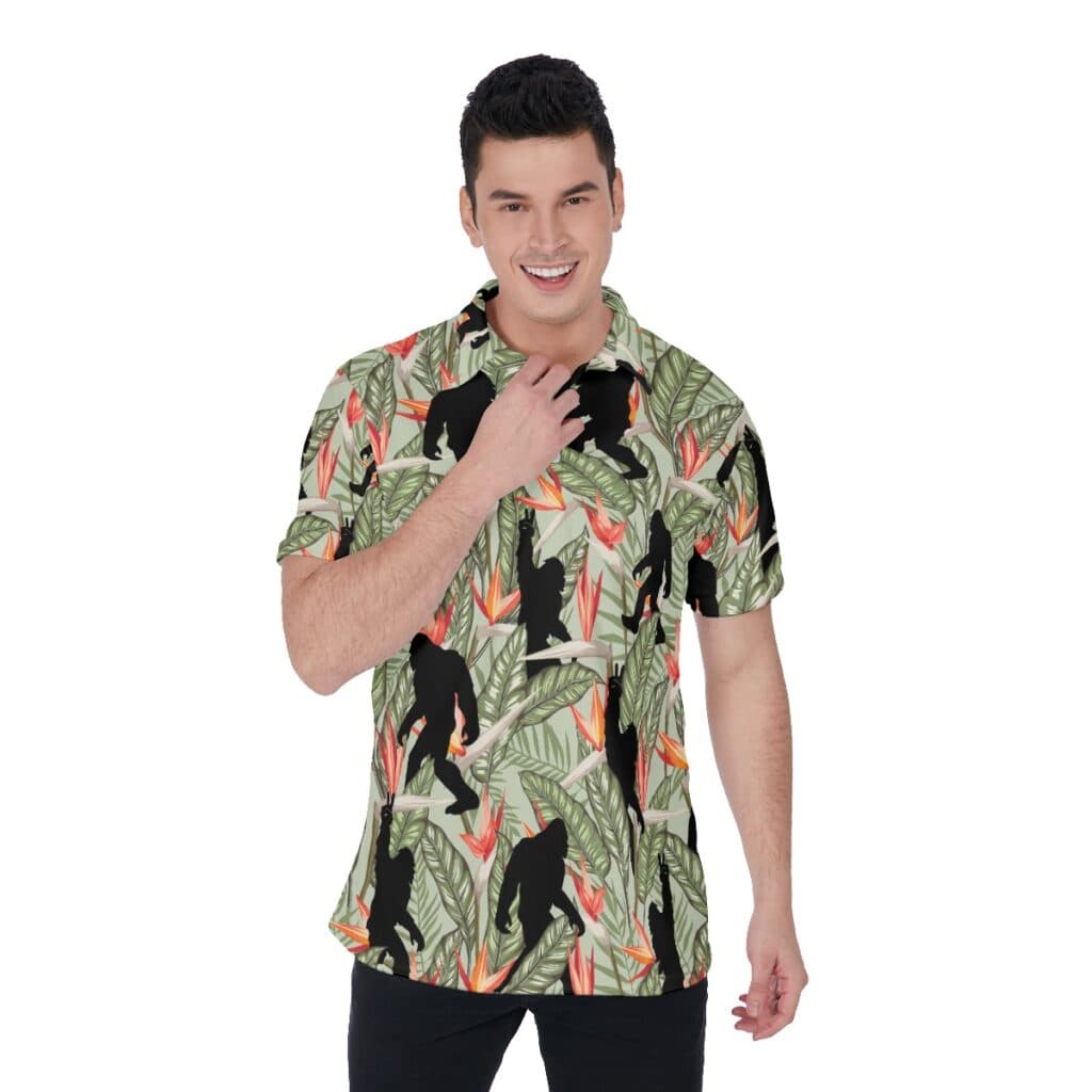 Funny Bigfoot Tropical Hawaiian Polo Golf Shirt For Men