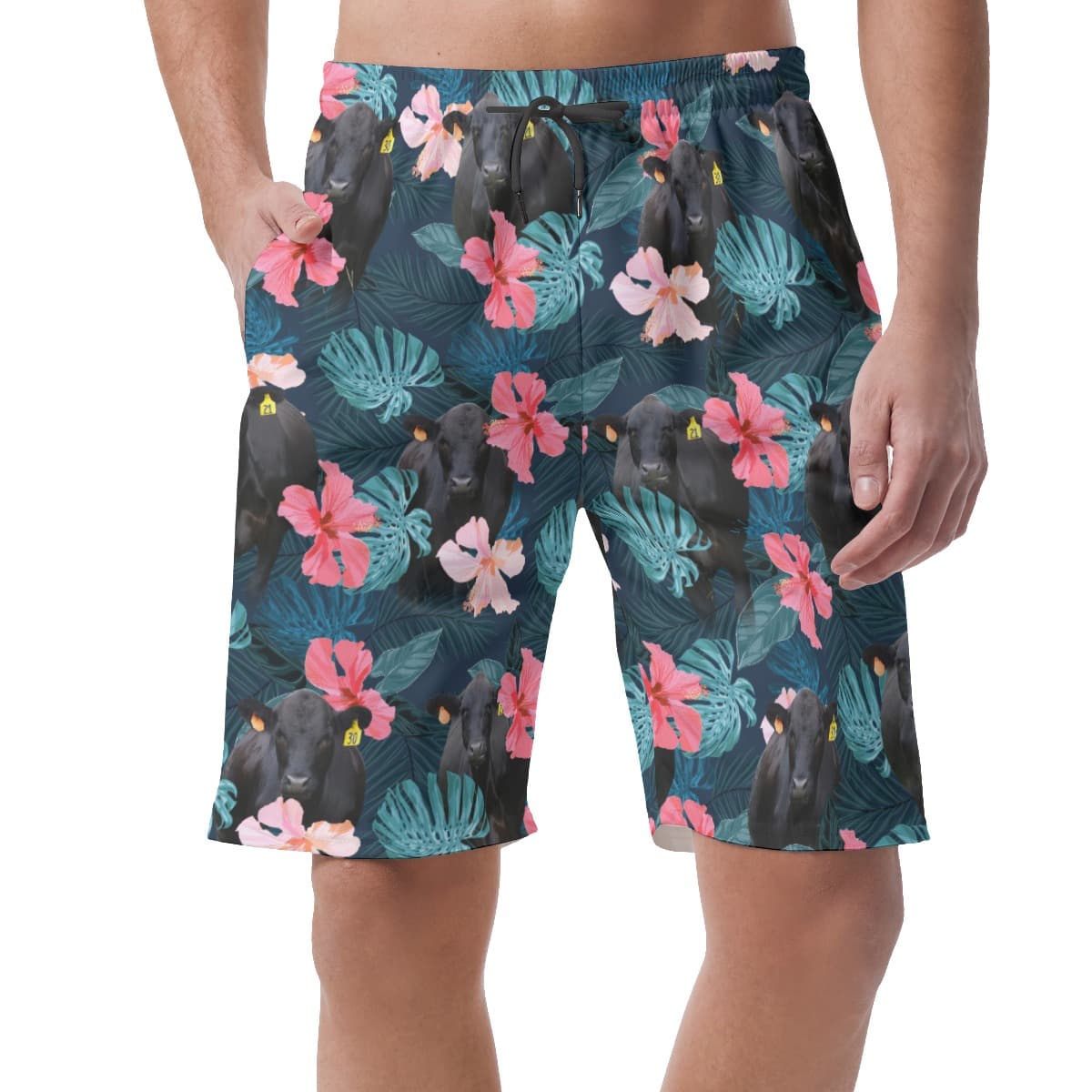 Funny Black Cow Tropical Hibiscus Hawaiian Beach Shorts For Men