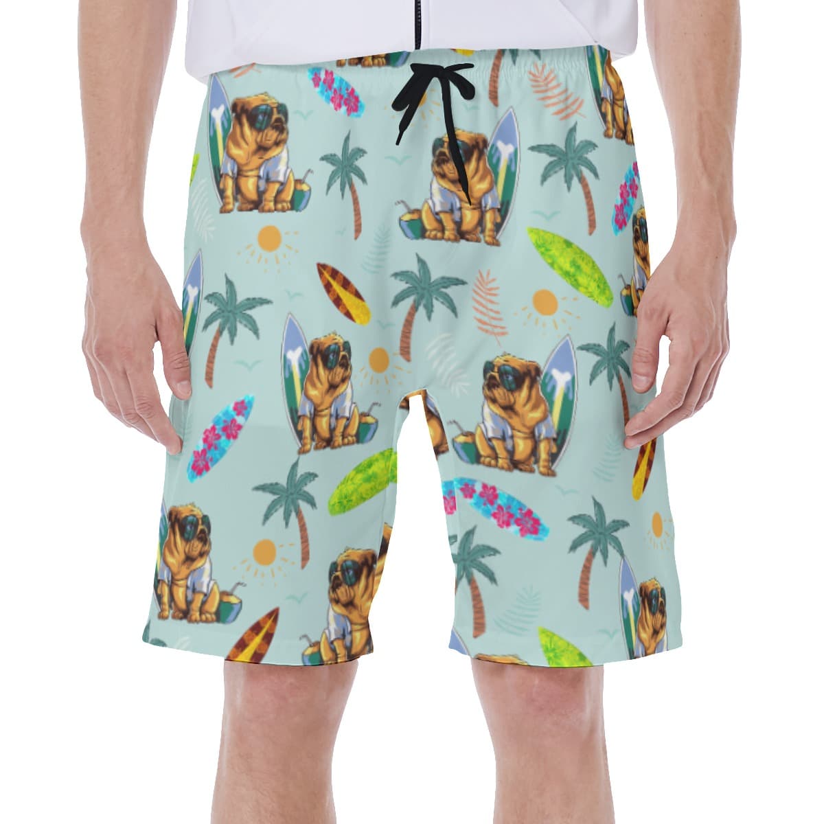 Funny Bulldog Surf And Palm Hawaiian Swim Trunks For Men