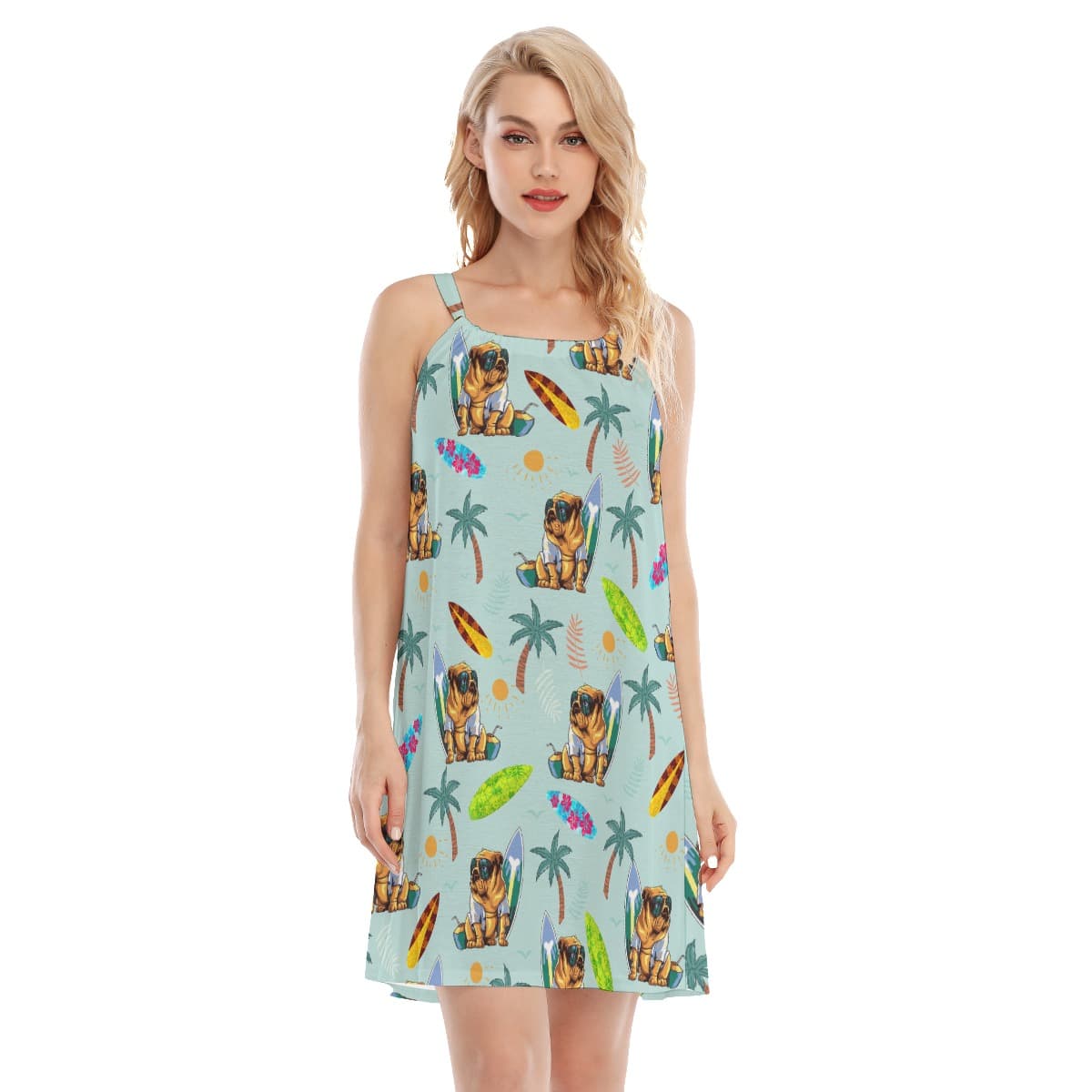 Funny Bulldog Surf And Palm Tree Aloha Women’s Dress (1)