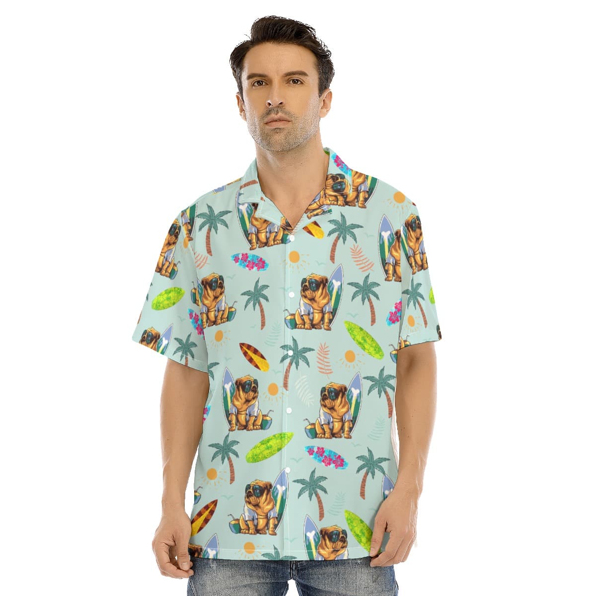 Funny Bulldog Surf And Palm Trees Hawaiian Shirt