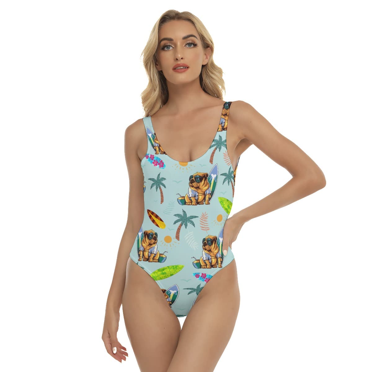 Funny Bulldog Surfing Palm Tree Women’s Hawaiian Swimsuit (1)