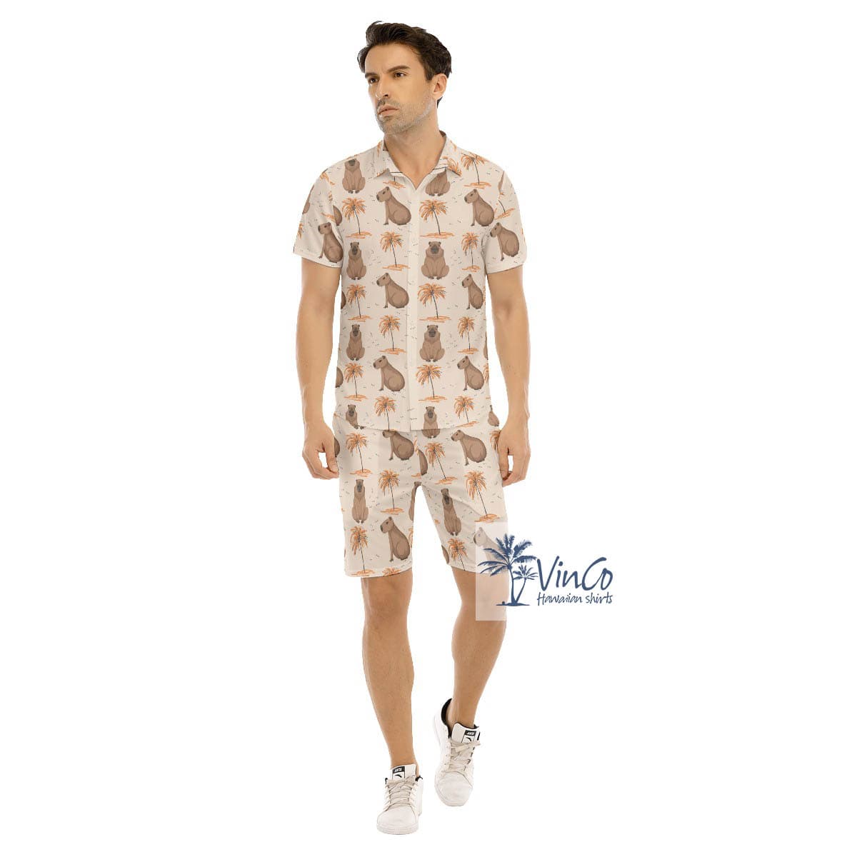 Funny Capybara Aloha Button Shirt Shorts Set For Men (2)