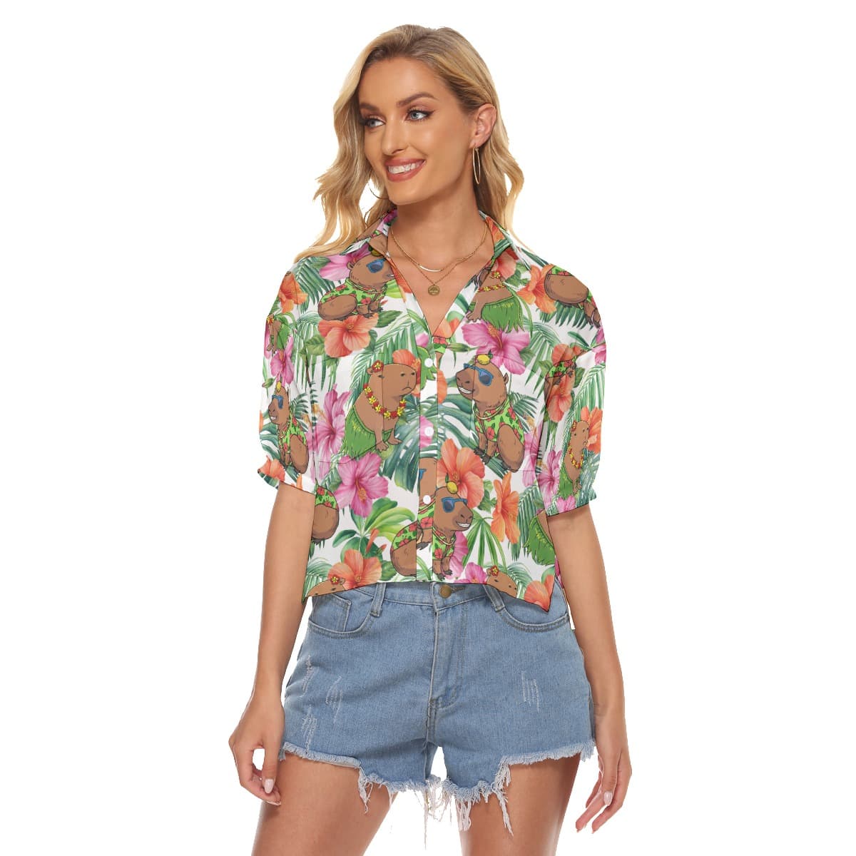 Funny Capybara Hibiscus Aloha V-Neck Shirt For Women