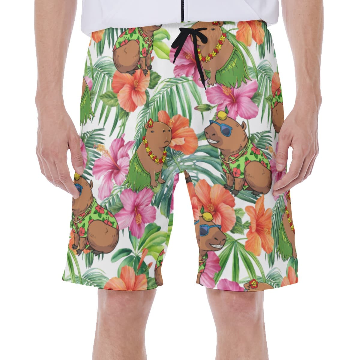 Funny Capybara Hibiscus Hawaiian Swim Trunks For Men