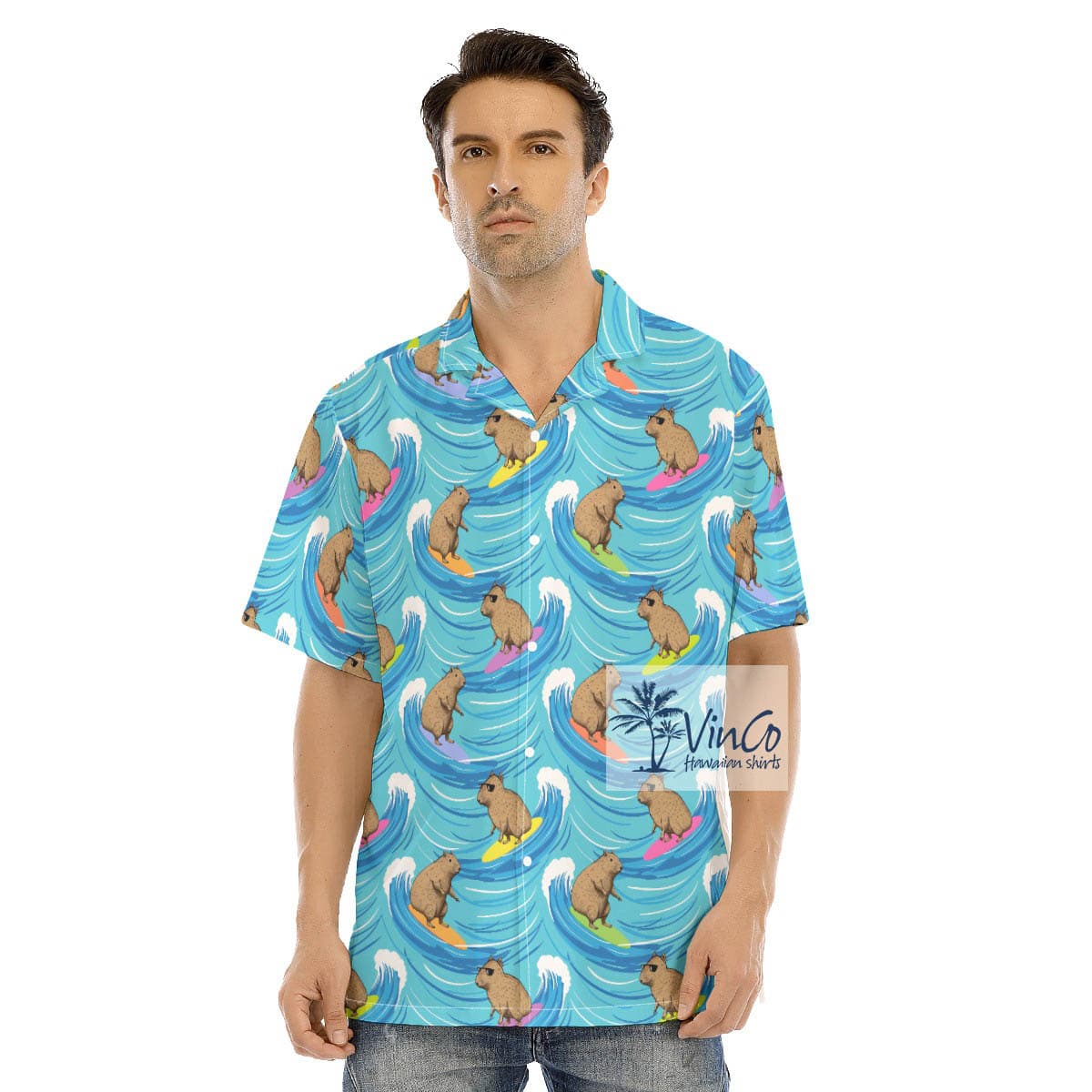 Funny Capybara Surfing Men’s Hawaiian Shirt (2)