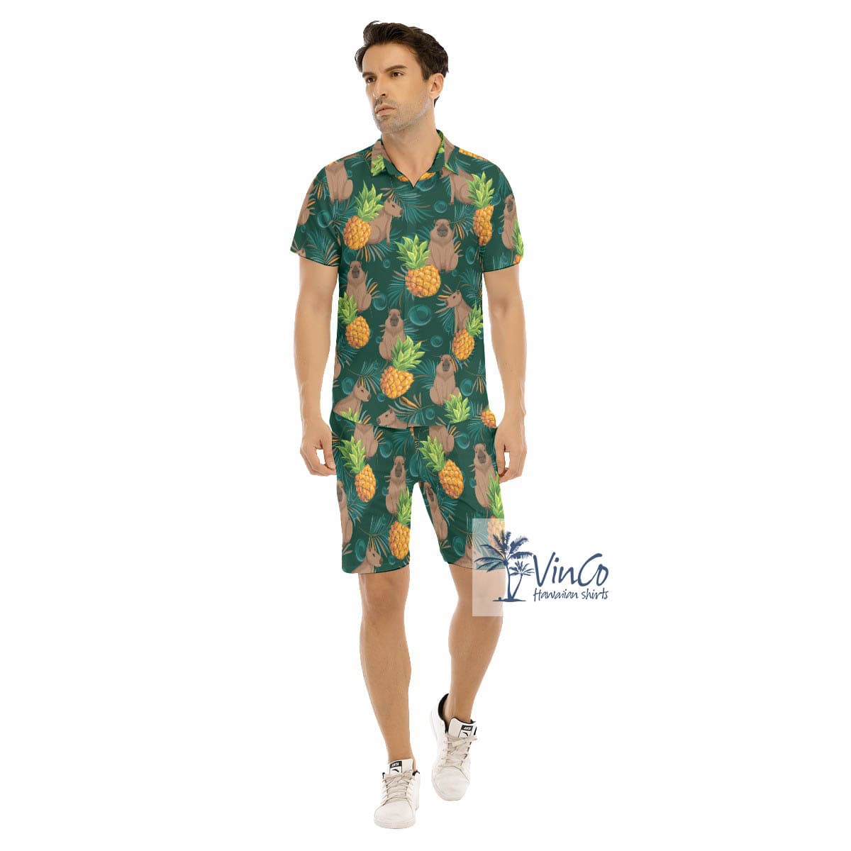 Funny Capybara Tropical Button Shirt Shorts For Men (2)