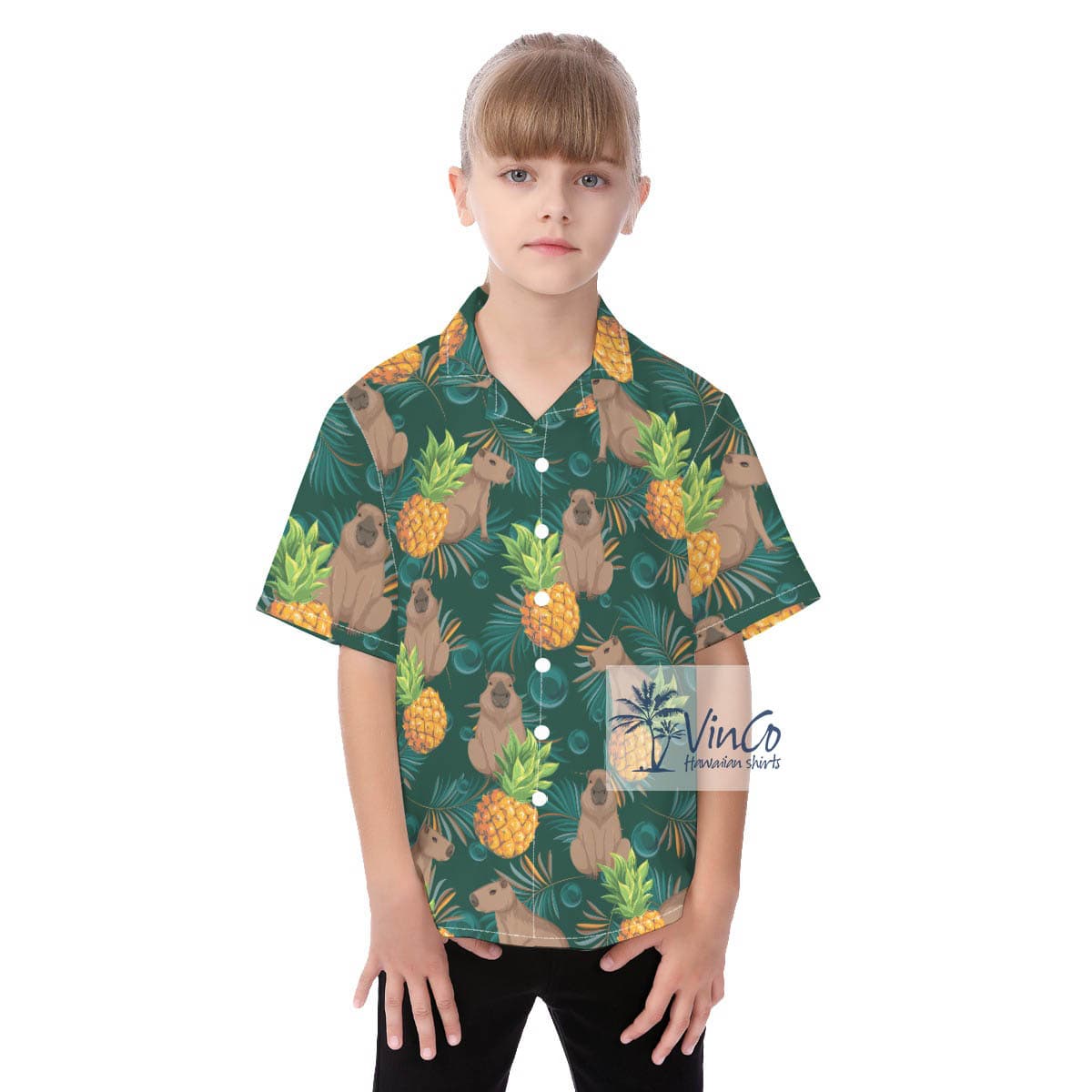 Funny Capybara Tropical Button Up Shirt For Kids (2)