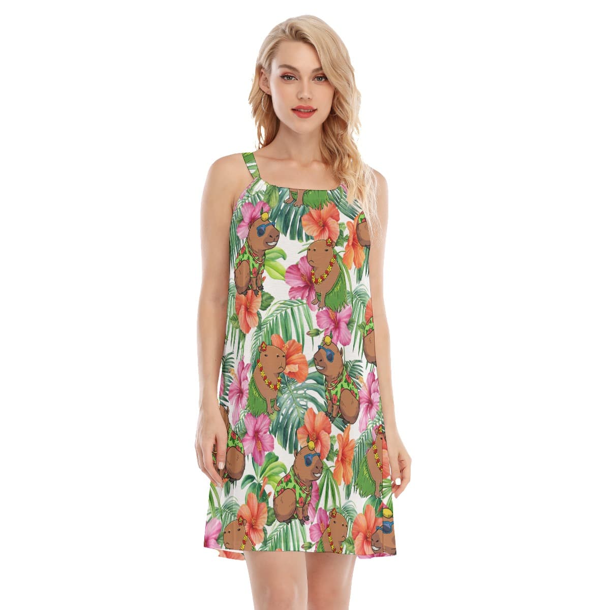 Funny Capybara Tropical Hawaiian Summer Cami Dress For Women (1)