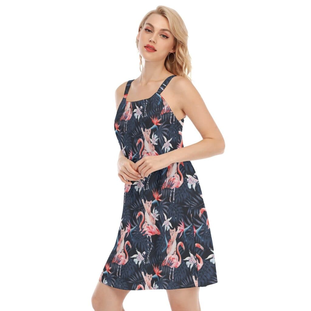 Funny Cat And Pink Flamingo Tropical Aloha Cami Dress