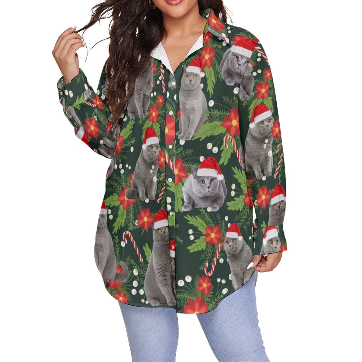 Funny Cat Christmas Hawaiian Plus Size Shirt For Women (4)