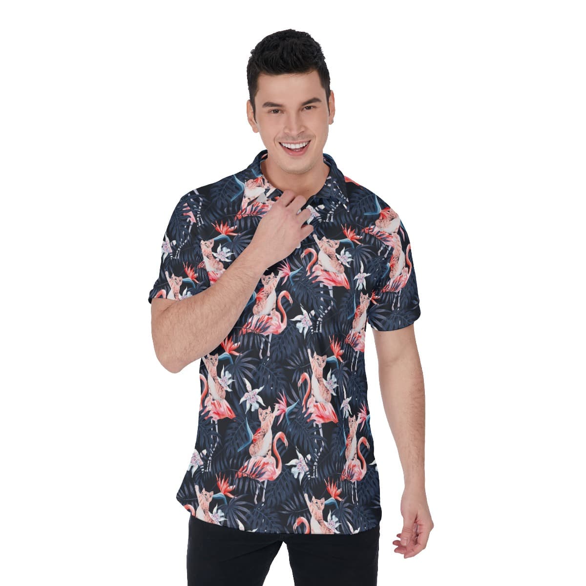 Funny Cat Flamingo Tropical Hawaiian Men's Polo Shirt
