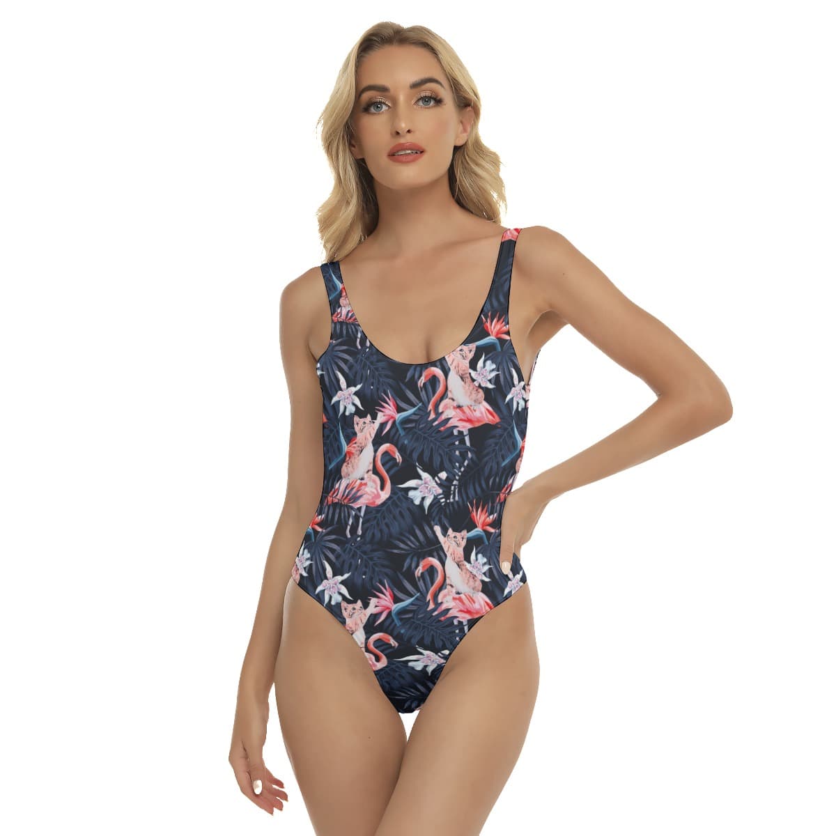 Funny Cat Tropical Flamingo Hawaiian Swimsuit For Women (1)