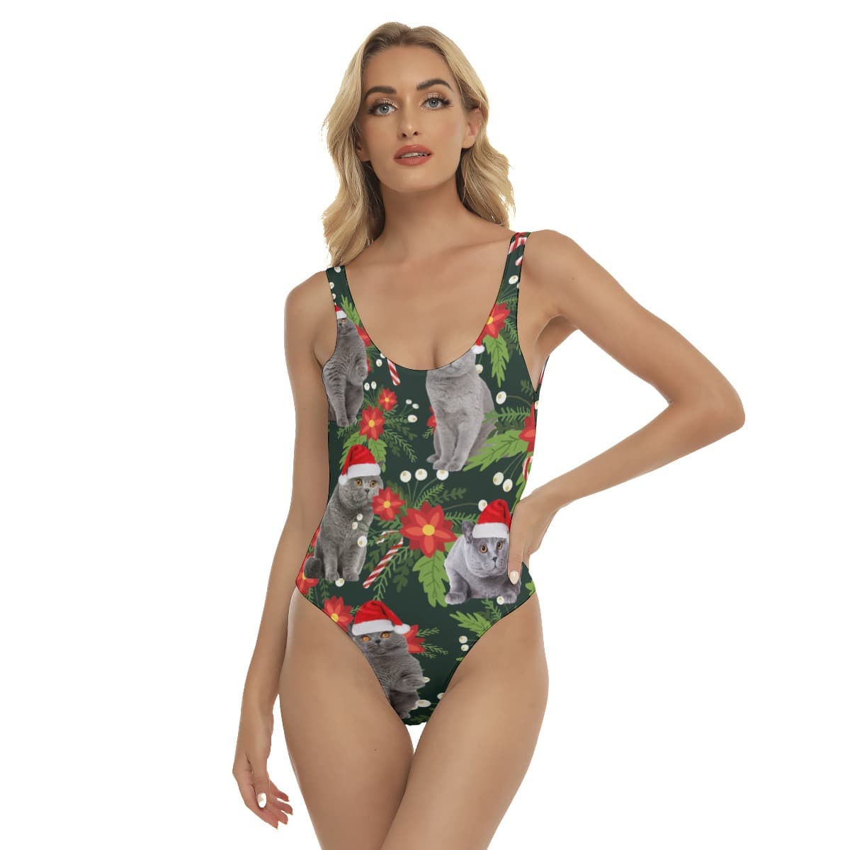 Funny Cat With Christmas Hat Tropical Hawaiian Swimsuit For Women (4)