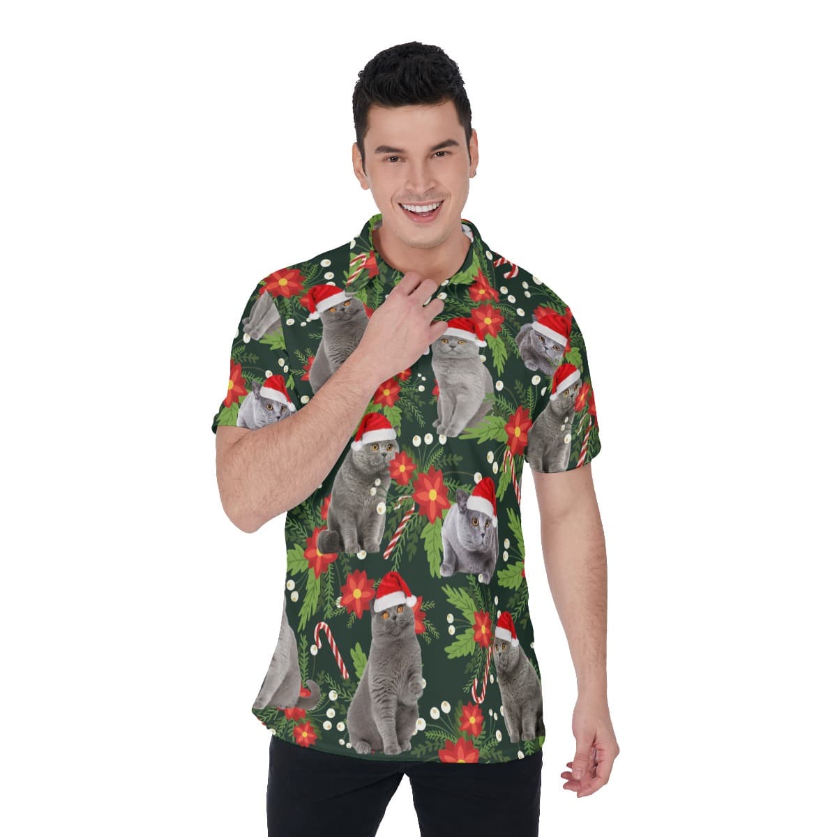 Funny Christmas Cat Hawaiian Christmas Polo Shirt