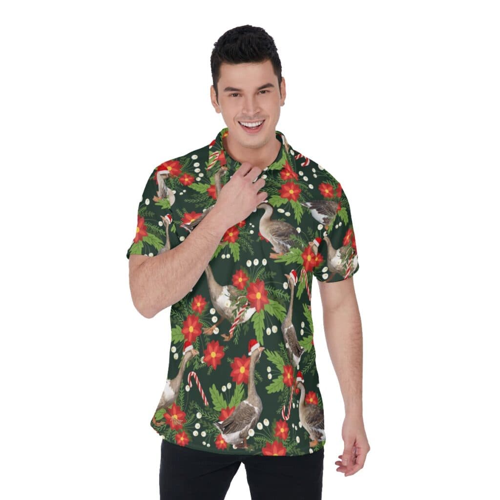 Funny Christmas Goose Floral Hawaiian Polo Shirt For Men