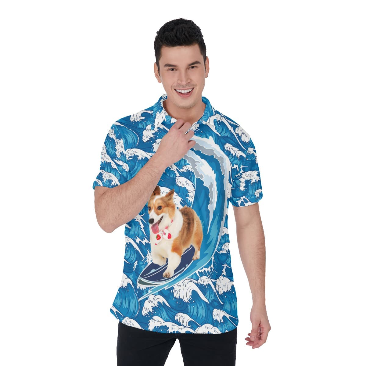 Funny Corgi Surfing Hawaiian Polo Shirt For Men (2)