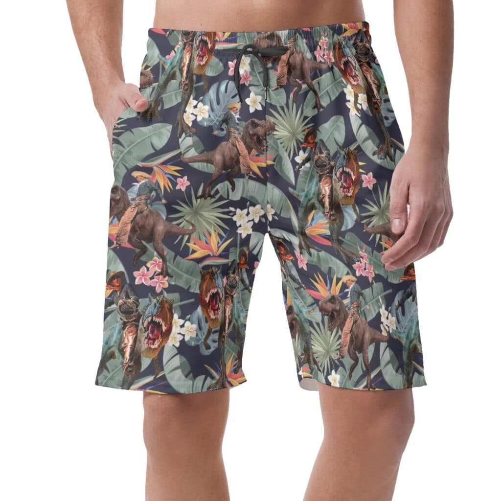 Funny Cowboy Dinosaur Tropical Hawaiian Beach Shorts For Men