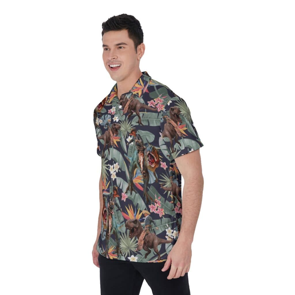 Funny Cowboy Riding Dinosaur Tropical Hawaiian Polo Shirt For Men