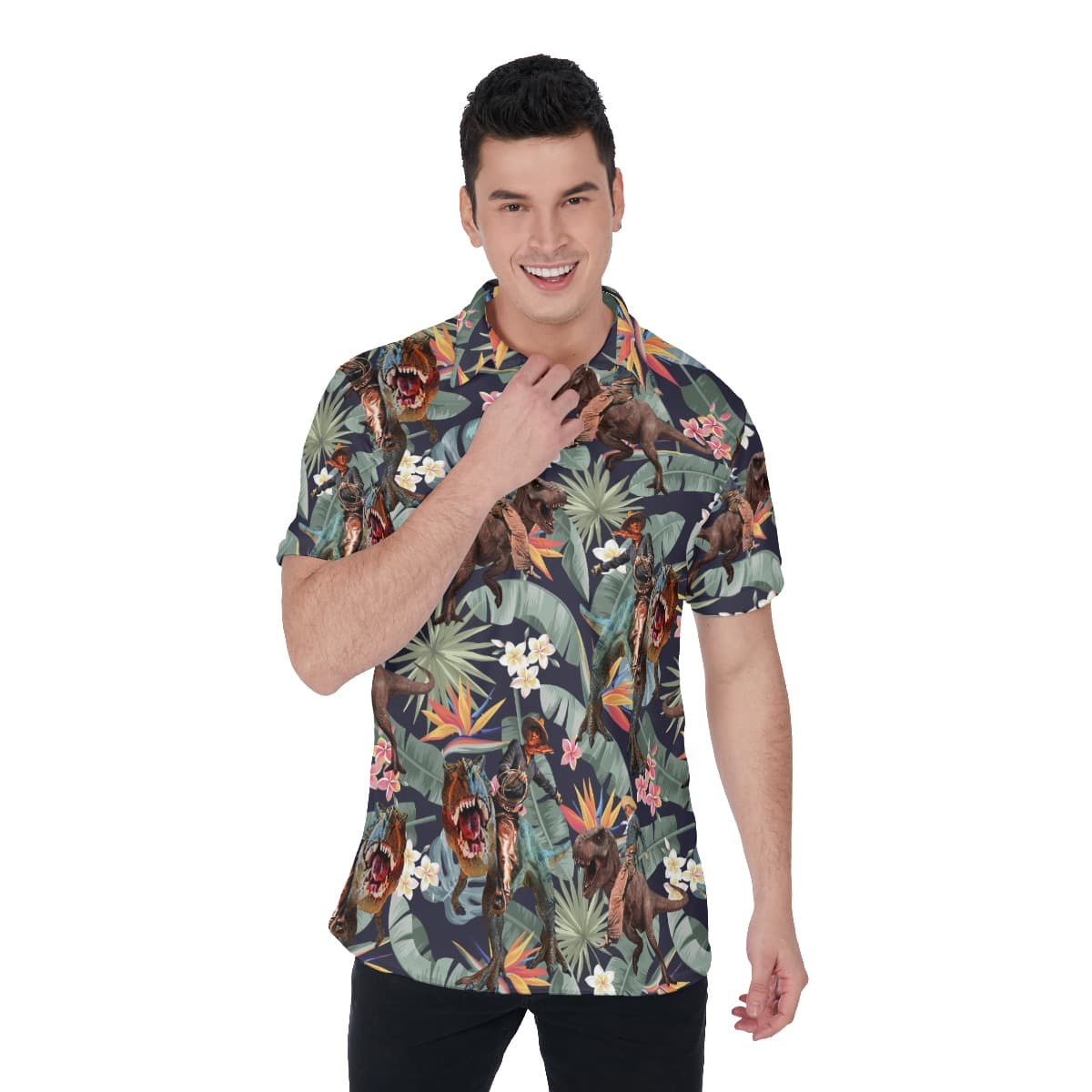 Funny Cowboy Riding Dinosaur Tropical Hawaiian Polo Shirt For Men