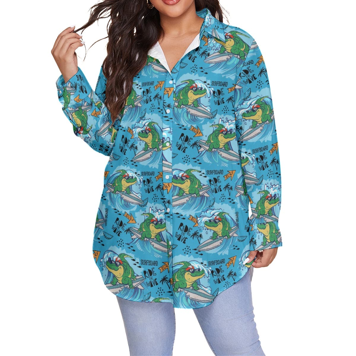 Funny Crocodiles Surfing Blue Hawaiian Oversize Shirt For Women