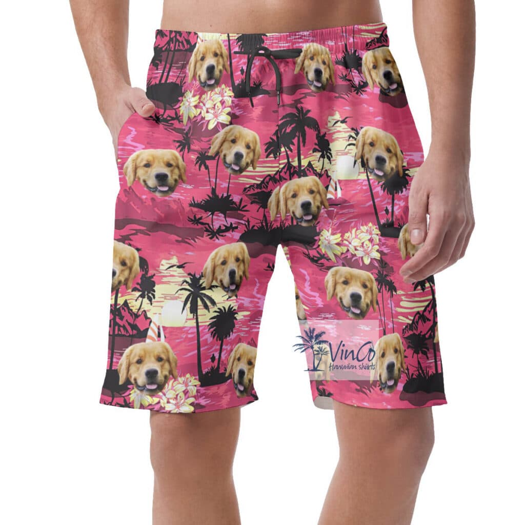Funny Custom Dog Face Beach Theme Pink Hawaiian Summer Shorts For Men