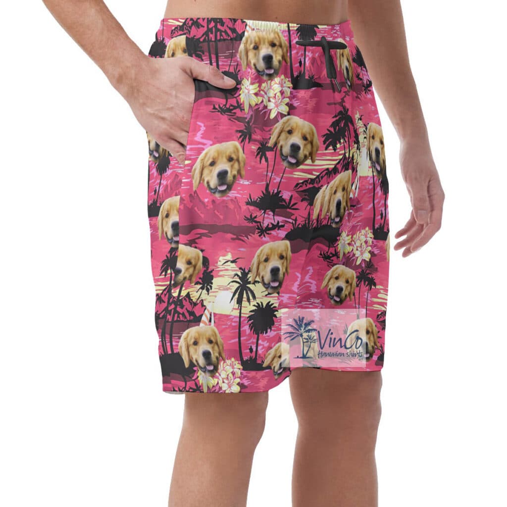 Funny Custom Dog Face Beach Theme Pink Hawaiian Summer Shorts For Men