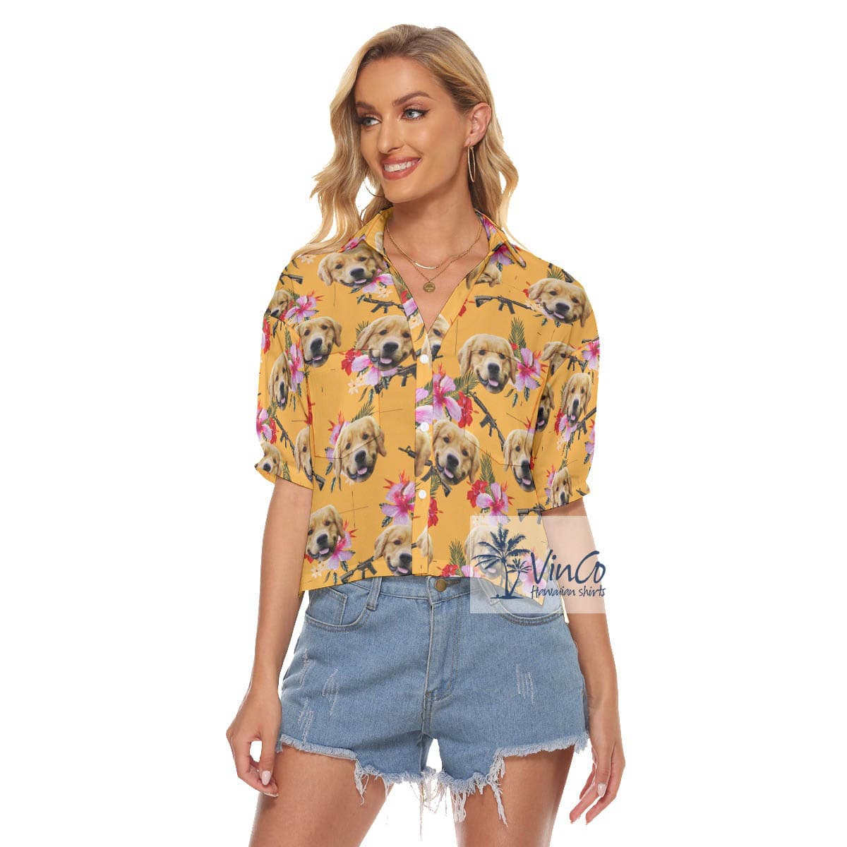 Funny Custom Dog Face Floral Gun Hawaiian Cropped Shirt