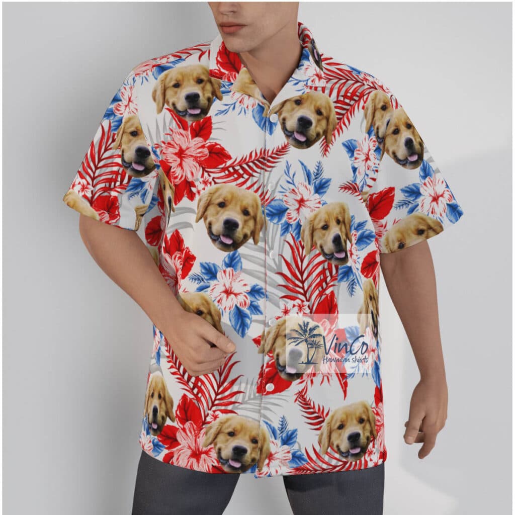 Funny Custom Dog Face Hibiscus Men's Hawaiian Shirt