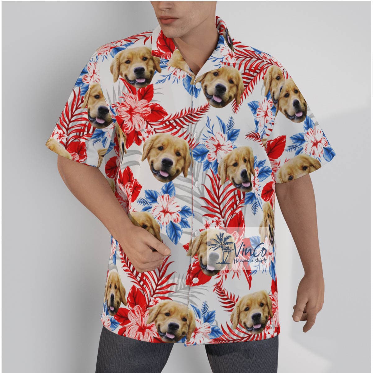 Funny Custom Dog Face Hibiscus Men's Hawaiian Shirt