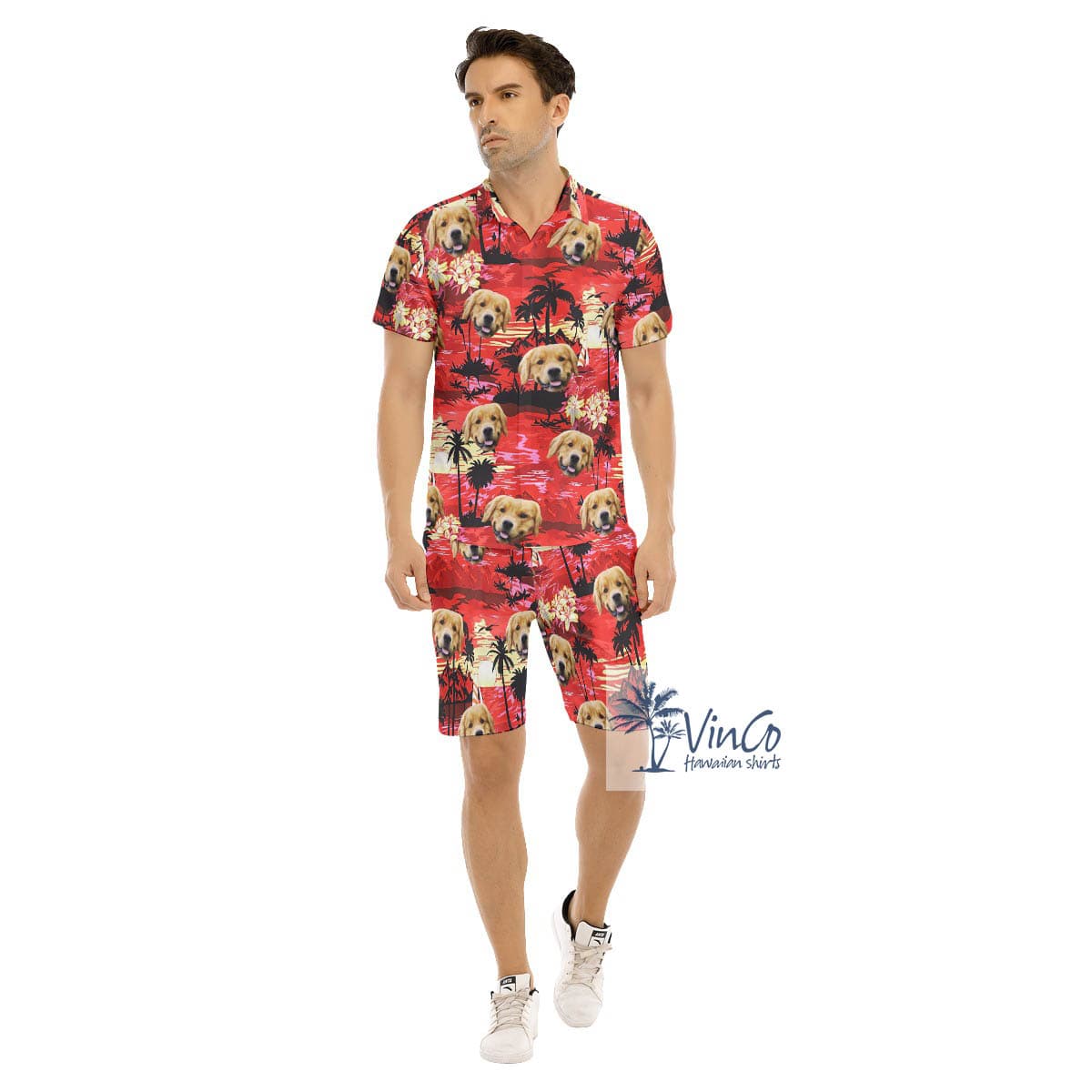 Funny Custom Dog Face Sunset Beach Red Hawaiian Shirt And Matching Shorts For Men