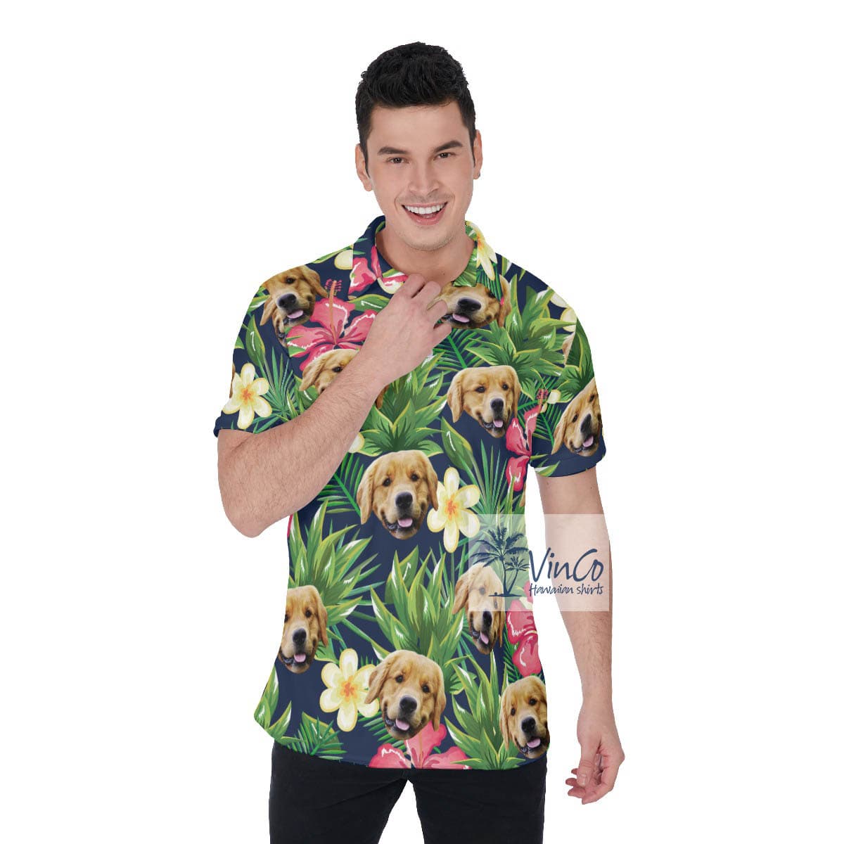 Funny Custom Dog Face Tropical Green Golf Shirt For Men