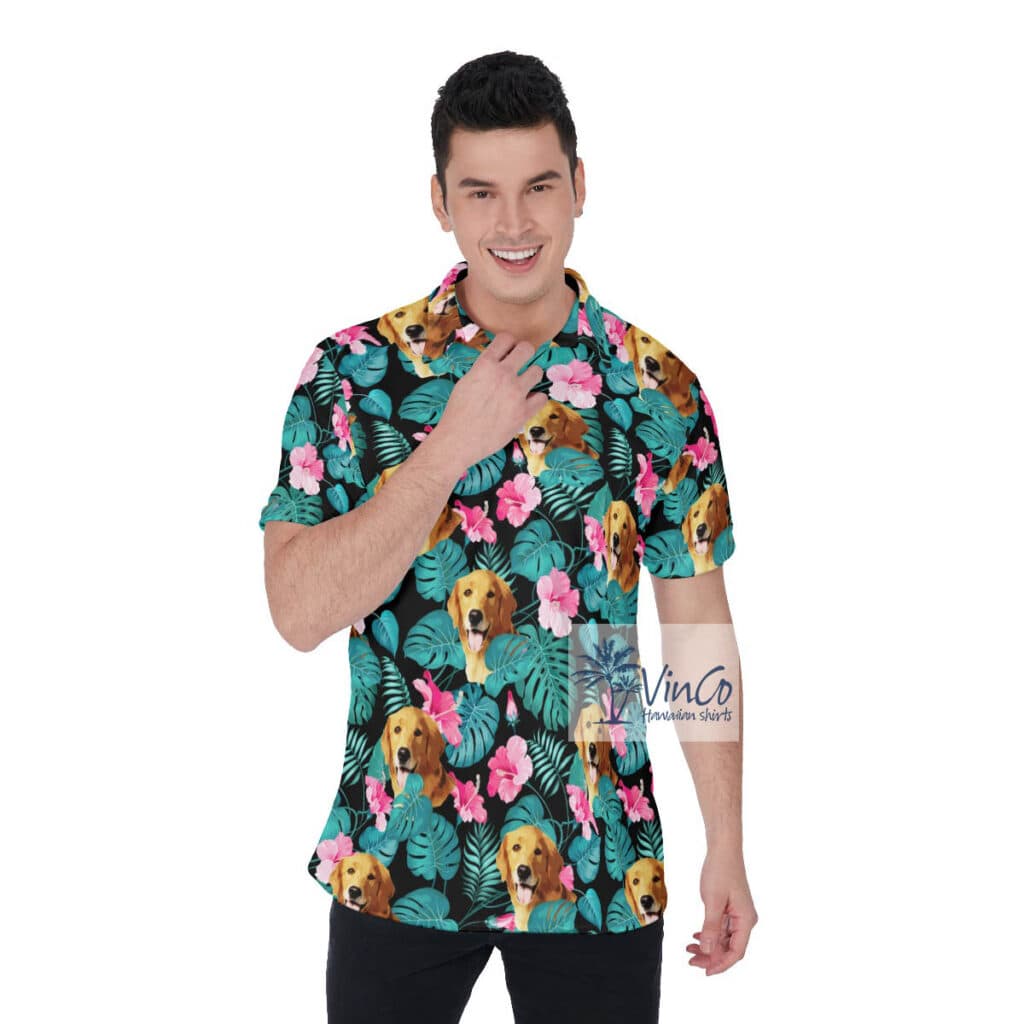 Funny Custom Dog Face Tropical Hibiscus Hawaiian Polo Shirt