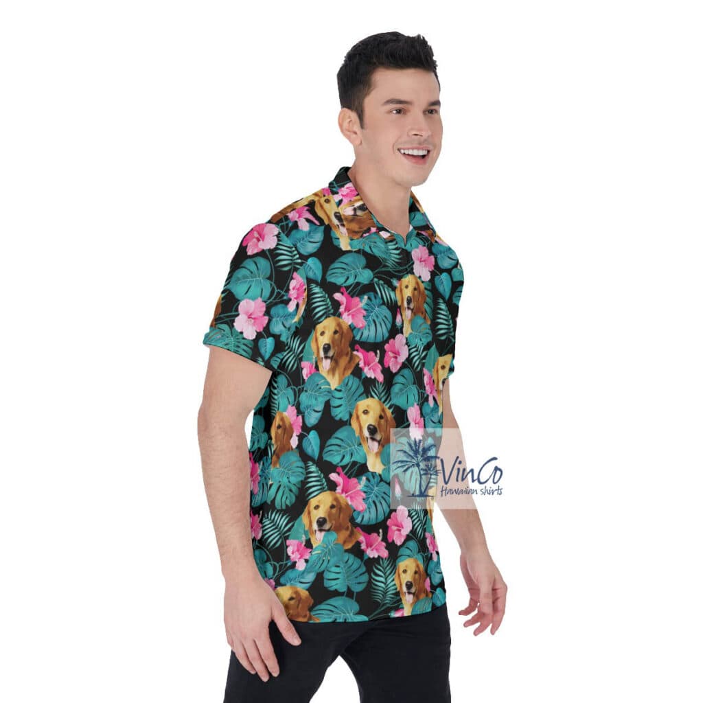 Funny Custom Dog Face Tropical Hibiscus Hawaiian Polo Shirt