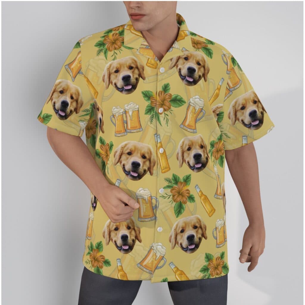 Funny Custom Dog Face With Beer Hawaiian Shirt Hibiscus Yellow Hawaiian Shirt (1)