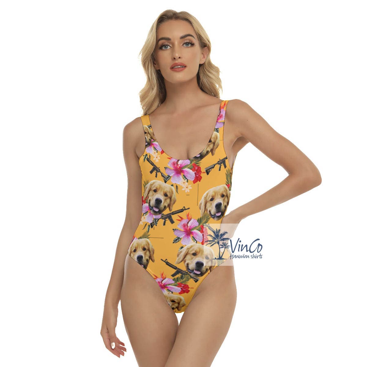 Funny Custom Dog Floral Gun Yellow Hawaiian Swimsuit For Summer