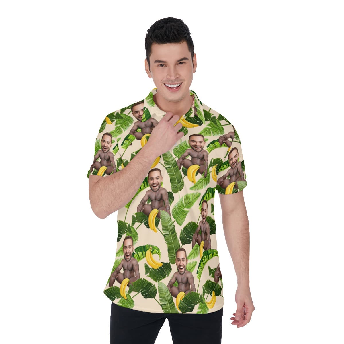 Funny Custom Face Barry Wood Banana Hawaiian Polo Shirt For Men (1)