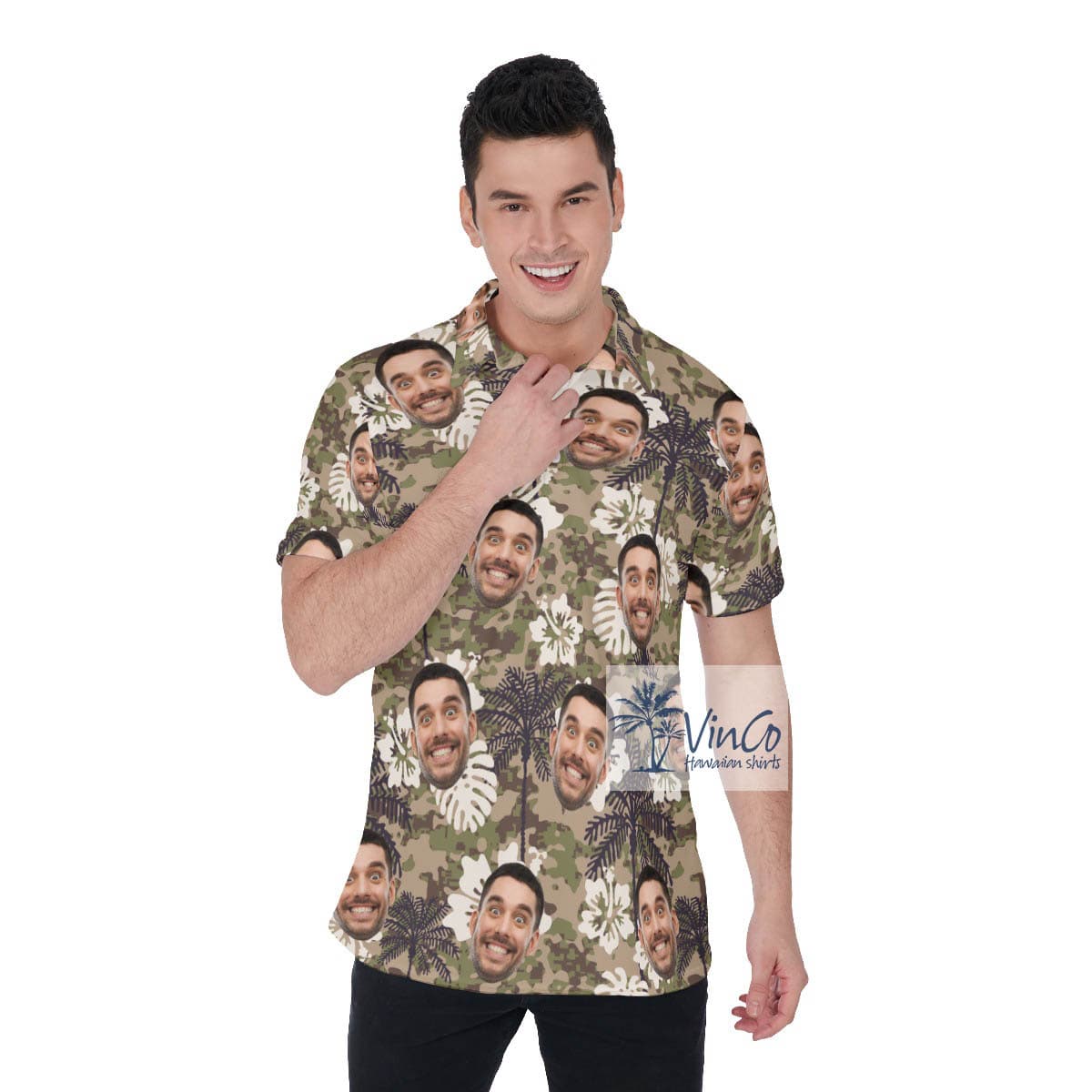 Funny Custom Face Camo Palm Tree Hibiscus Hawaiian Polo Shirt